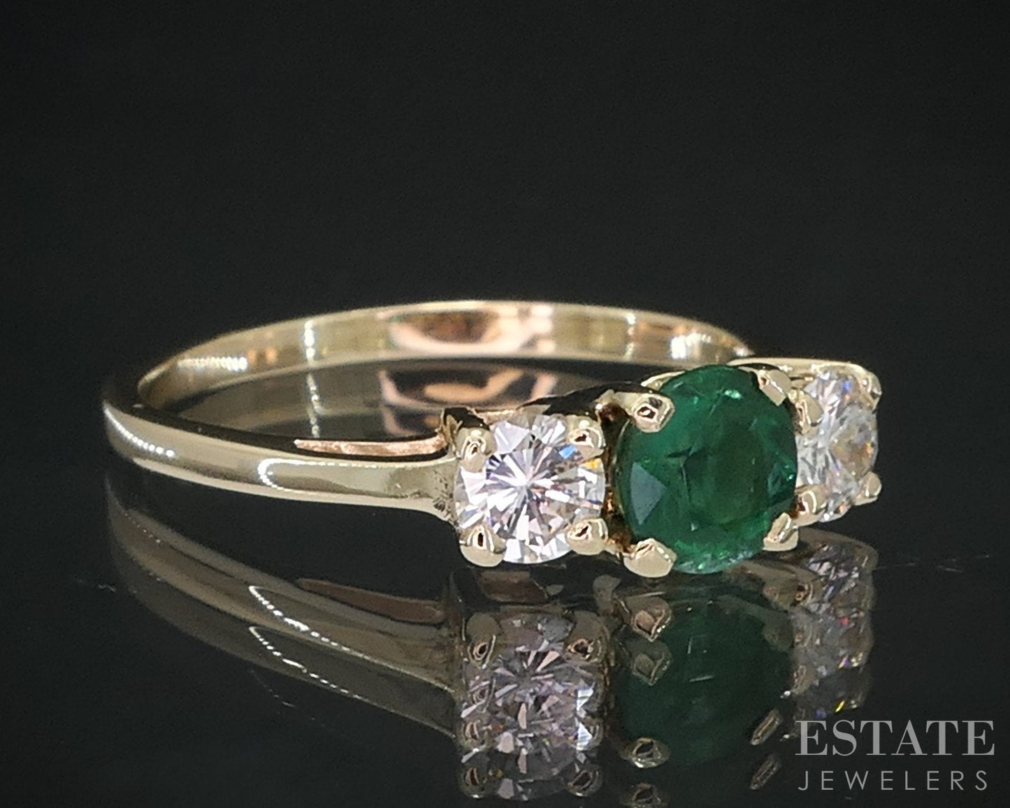 14k Yellow Gold Round Natural Emerald & Diamond Three Stone Ring 2.6g i19203