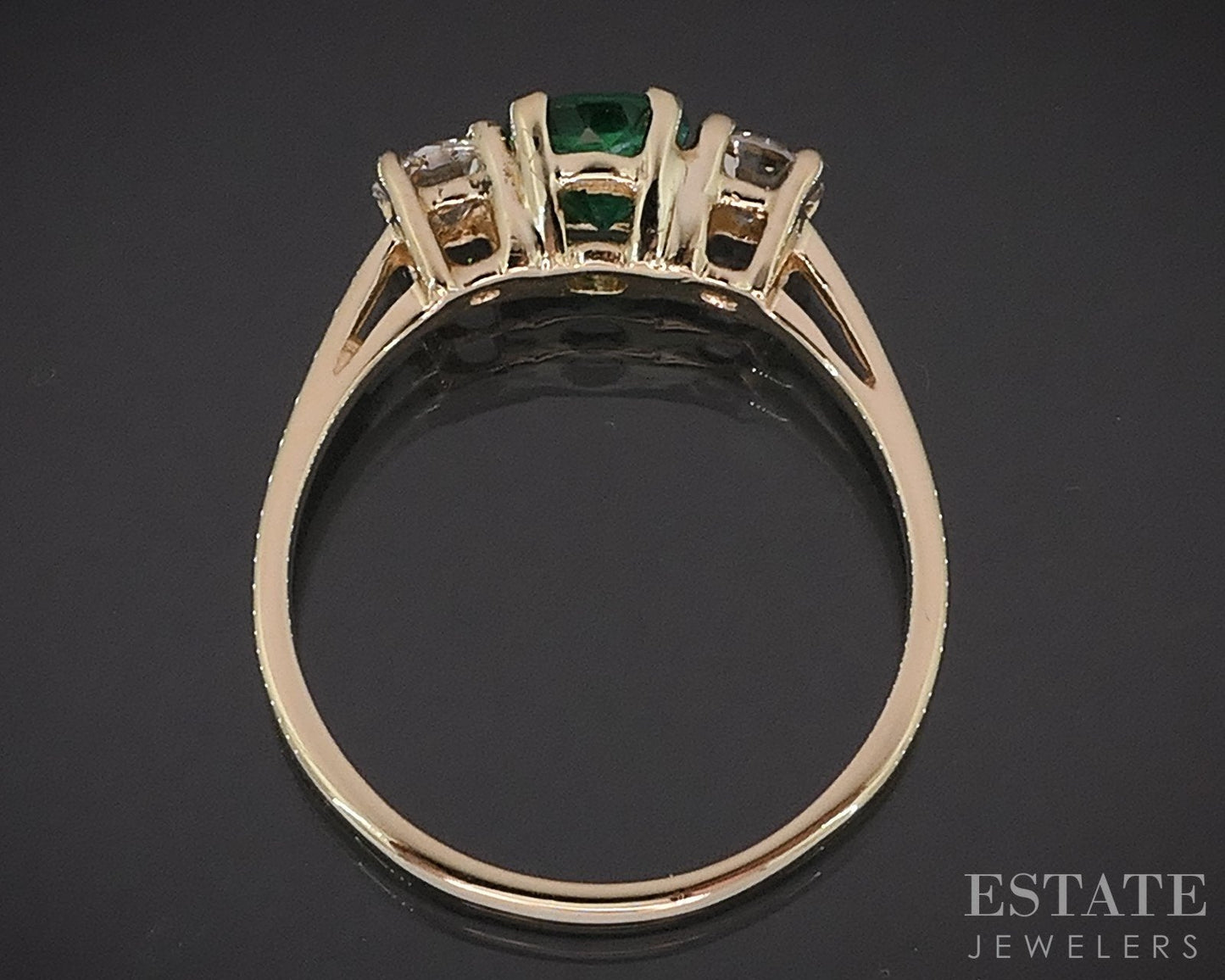 14k Yellow Gold Round Natural Emerald & Diamond Three Stone Ring 2.6g i19203