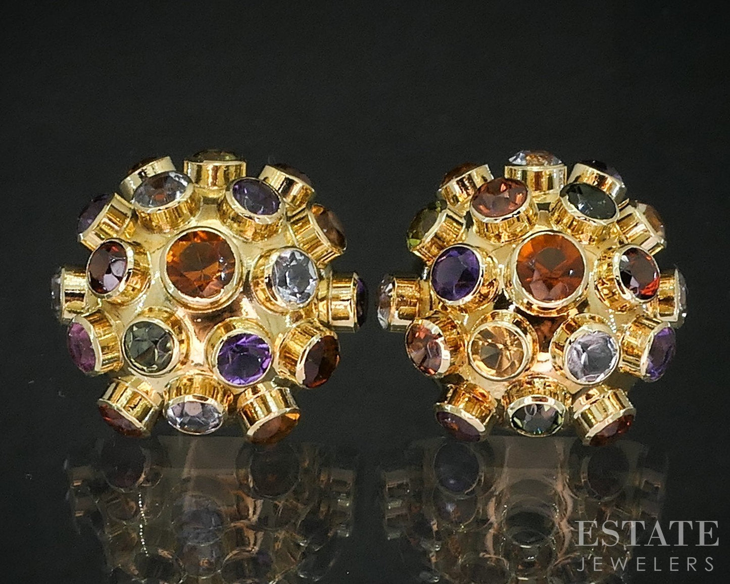 Vintage 14k Yellow Gold Natural Multi Gem Sputnik Button Earrings 3.8g i19243
