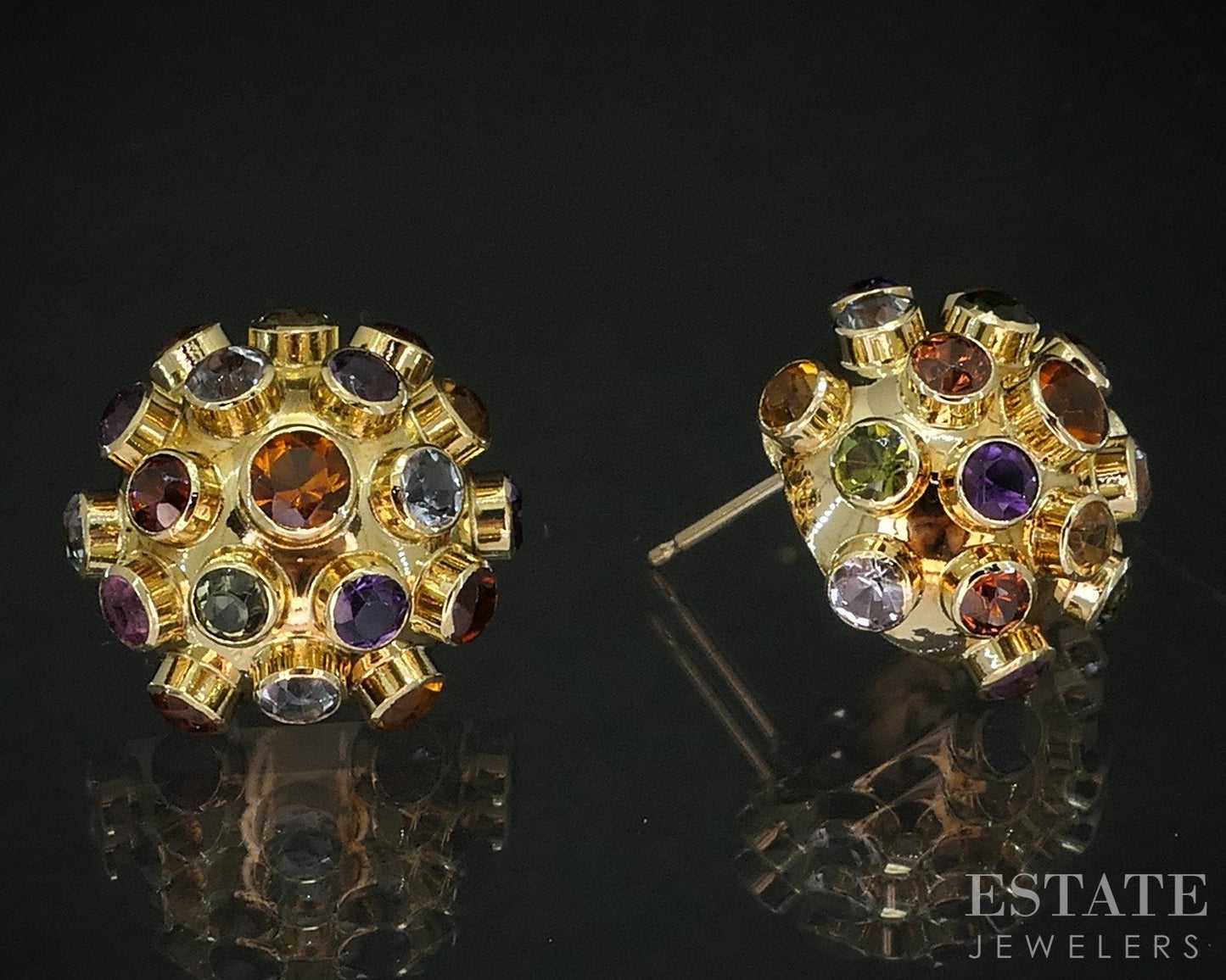 Vintage 14k Yellow Gold Natural Multi Gem Sputnik Button Earrings 3.8g i19243