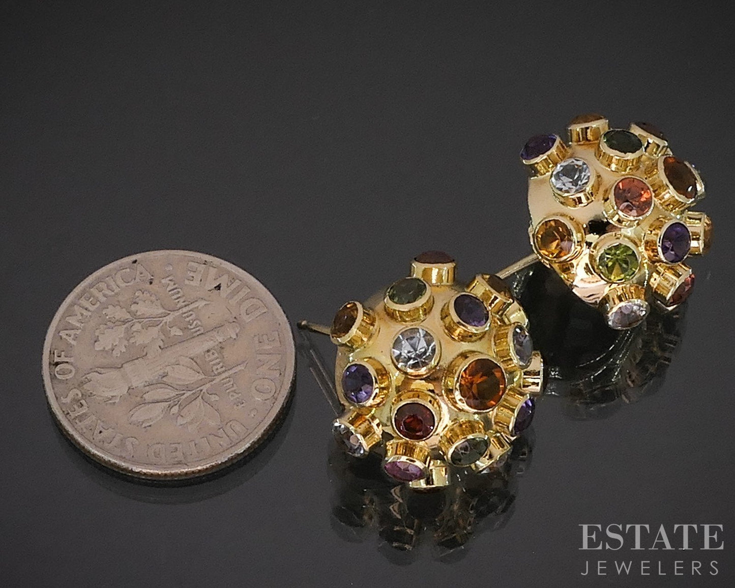 Vintage 14k Yellow Gold Natural Multi Gem Sputnik Button Earrings 3.8g i19243