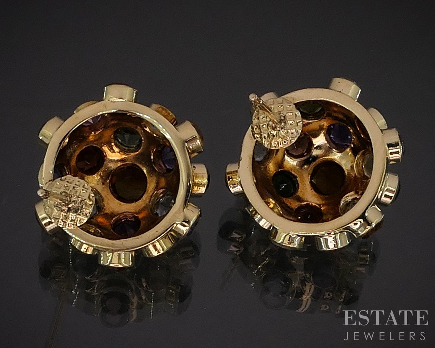 Vintage 14k Yellow Gold Natural Multi Gem Sputnik Button Earrings 3.8g i19243
