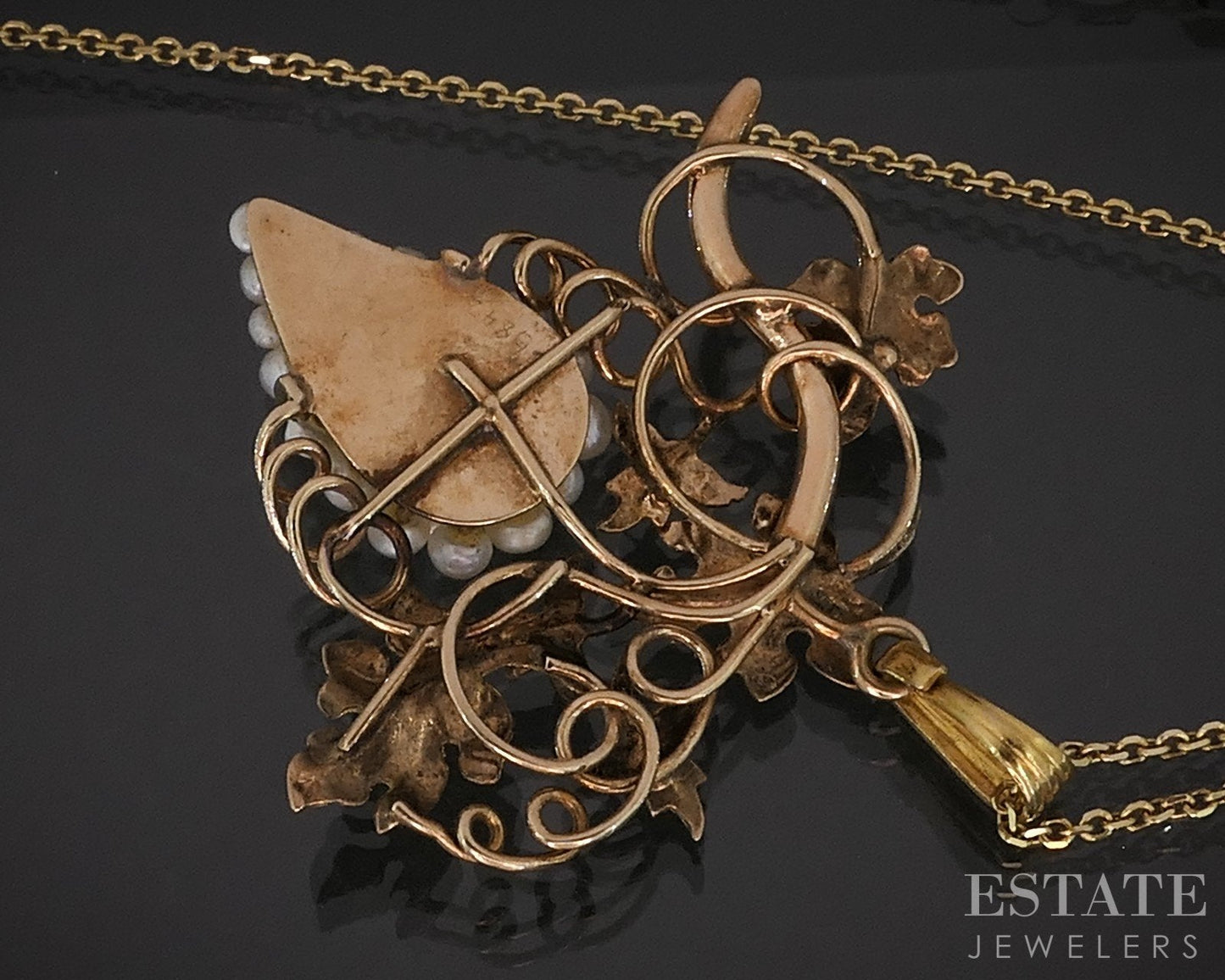Antique Victorian Yellow Gold Seed Pearl Leafy Grape Vine Necklace 4.4g i19262