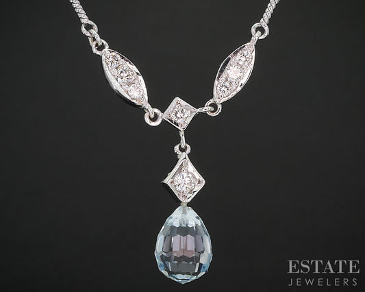 18k White Gold Natural Aquamarine & Diamond Ladies Y-Necklace 8.1g 16"L i19259