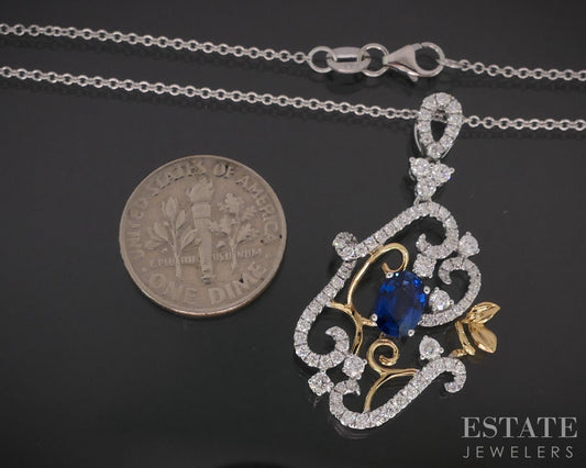 18k White Gold Natural Blue Sapphire & Diamond Ladies Necklace 5.7g 16"L i19264