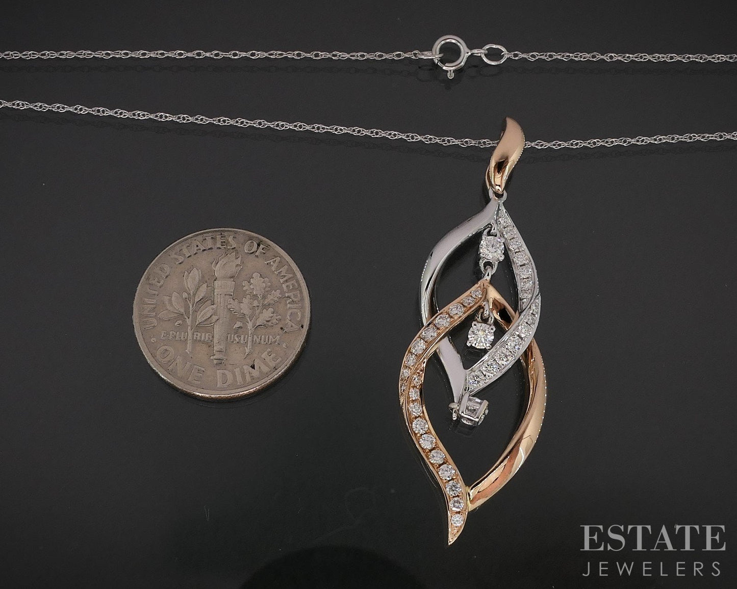 14k Rose & White Gold Natural .50ctw Diamond Dangle Necklace 4.2g 18"L i19265