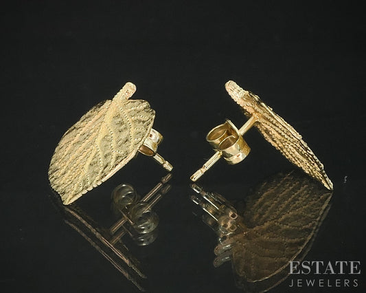 Vintage 14k Yellow Gold Bodhi Aspen Leaf Stud Drop Ladies Earrings 2.8g i19246