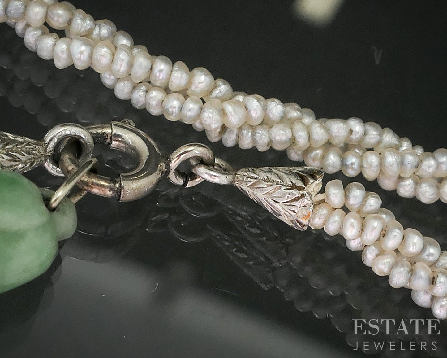 Antique Art Deco Platinum Jade Buddha Seed Pearl Bracelet 7.25"L i19256