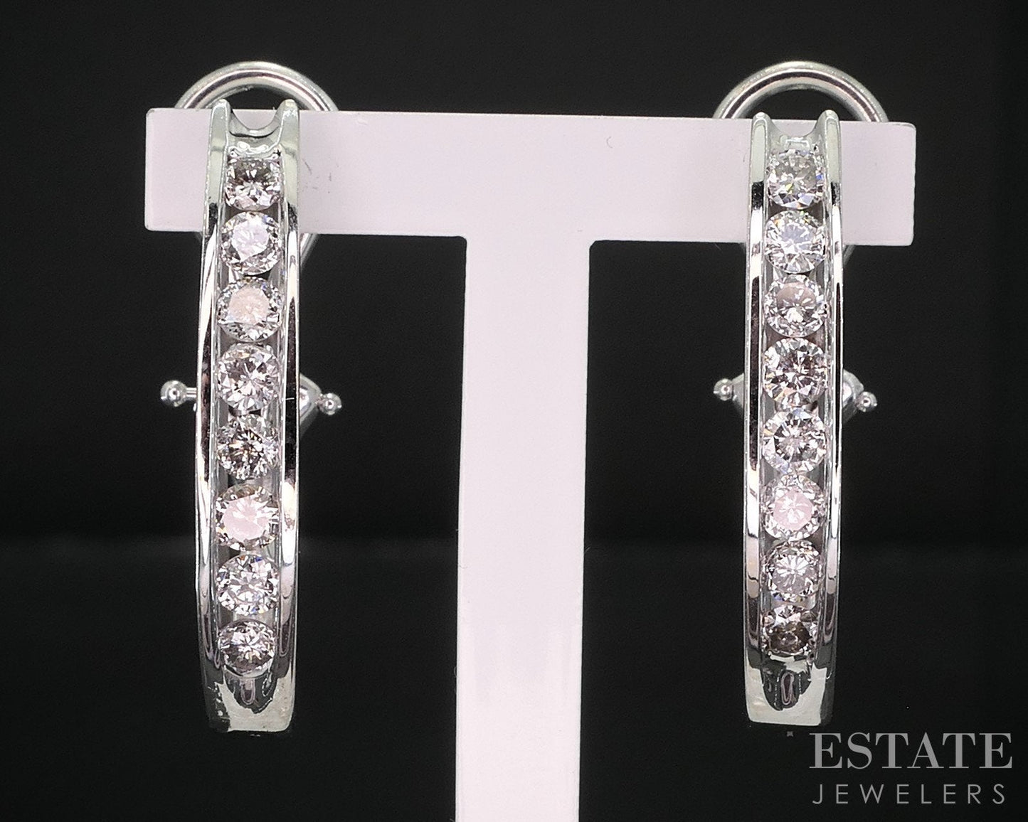 14k White Gold Round Natural .75ctw Diamond J-Hoop Ladies Earrings 5.7g i19252