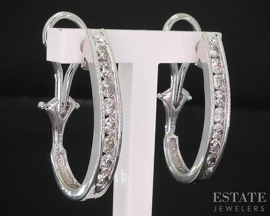 14k White Gold Round Natural .75ctw Diamond J-Hoop Ladies Earrings 5.7g i19252