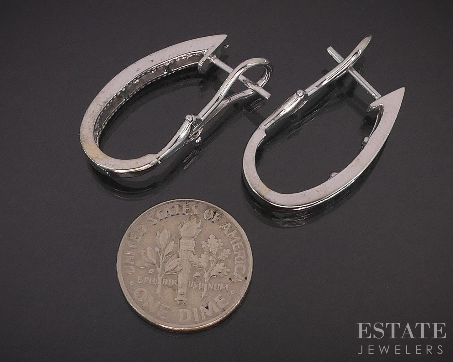14k White Gold Round Natural .75ctw Diamond J-Hoop Ladies Earrings 5.7g i19252
