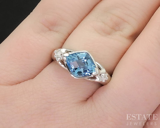 14k White Gold Natural Blue Topaz & Diamond Ladies Band Ring 5.2g i19248