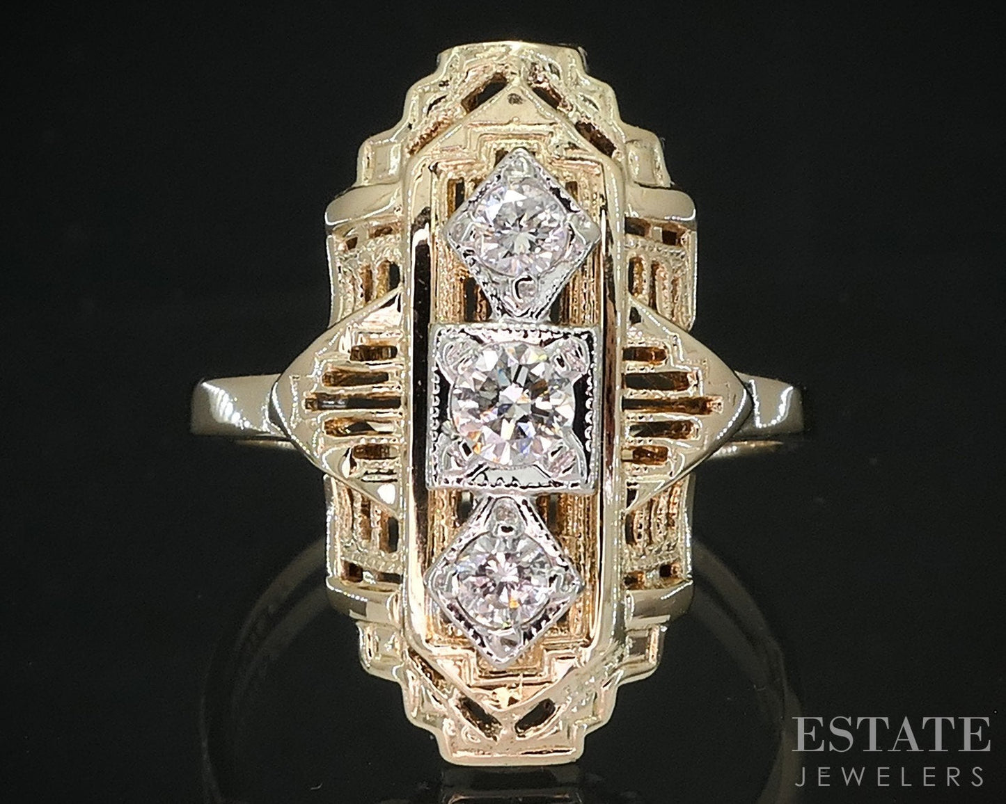 Antique 14k Yellow Gold Natural .20ctw Diamond Filigree Shield Ring 2.5g i19250