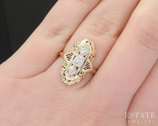 Antique 14k Yellow Gold Natural .20ctw Diamond Filigree Shield Ring 2.5g i19250