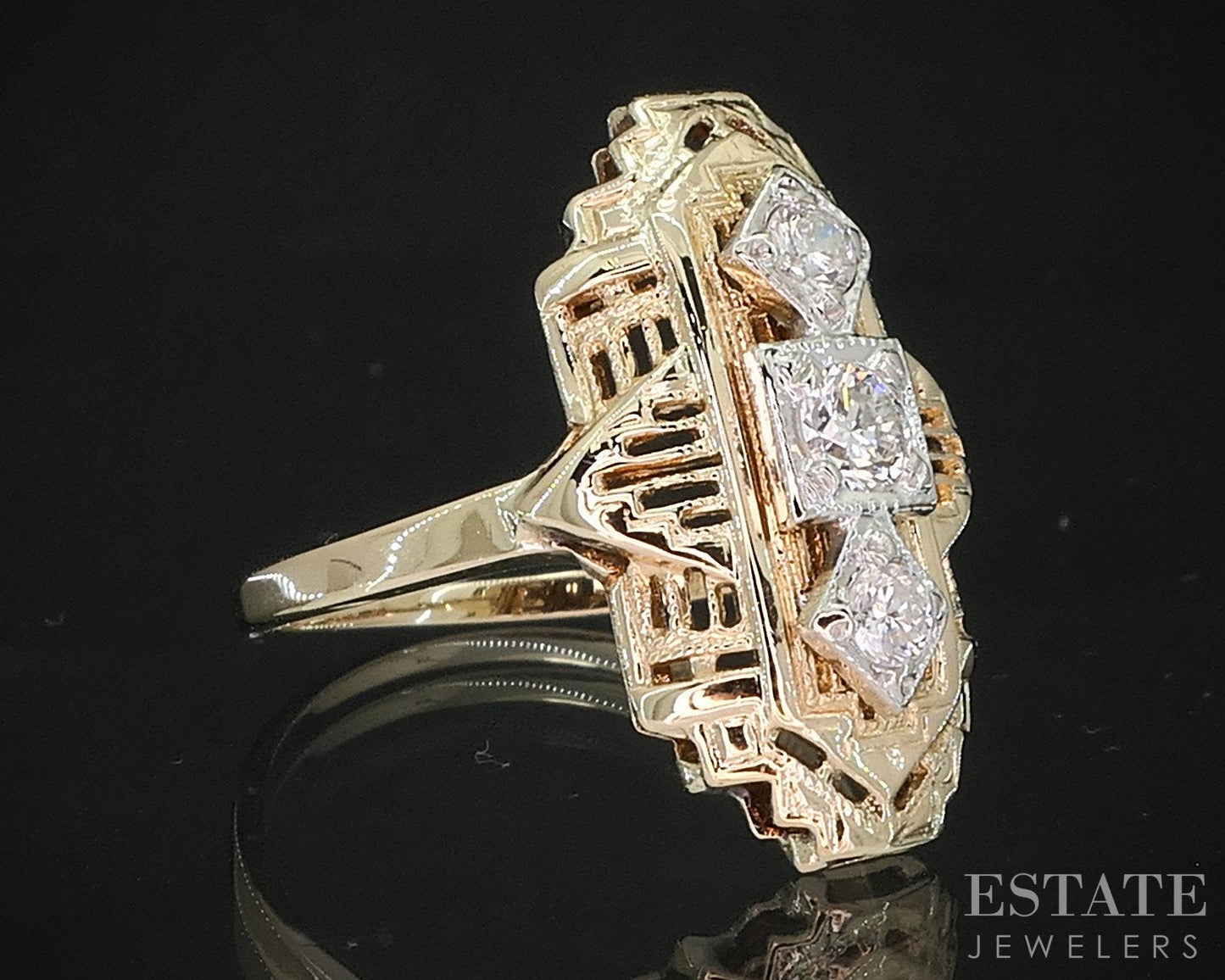 Antique 14k Yellow Gold Natural .20ctw Diamond Filigree Shield Ring 2.5g i19250