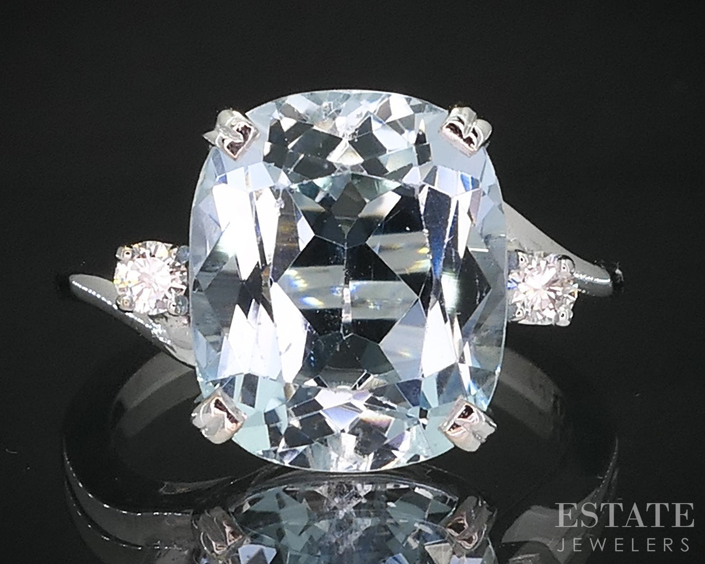 14k White Gold Cushion Natural 4.5ct Aquamarine & Diamond Ring 4g i19253