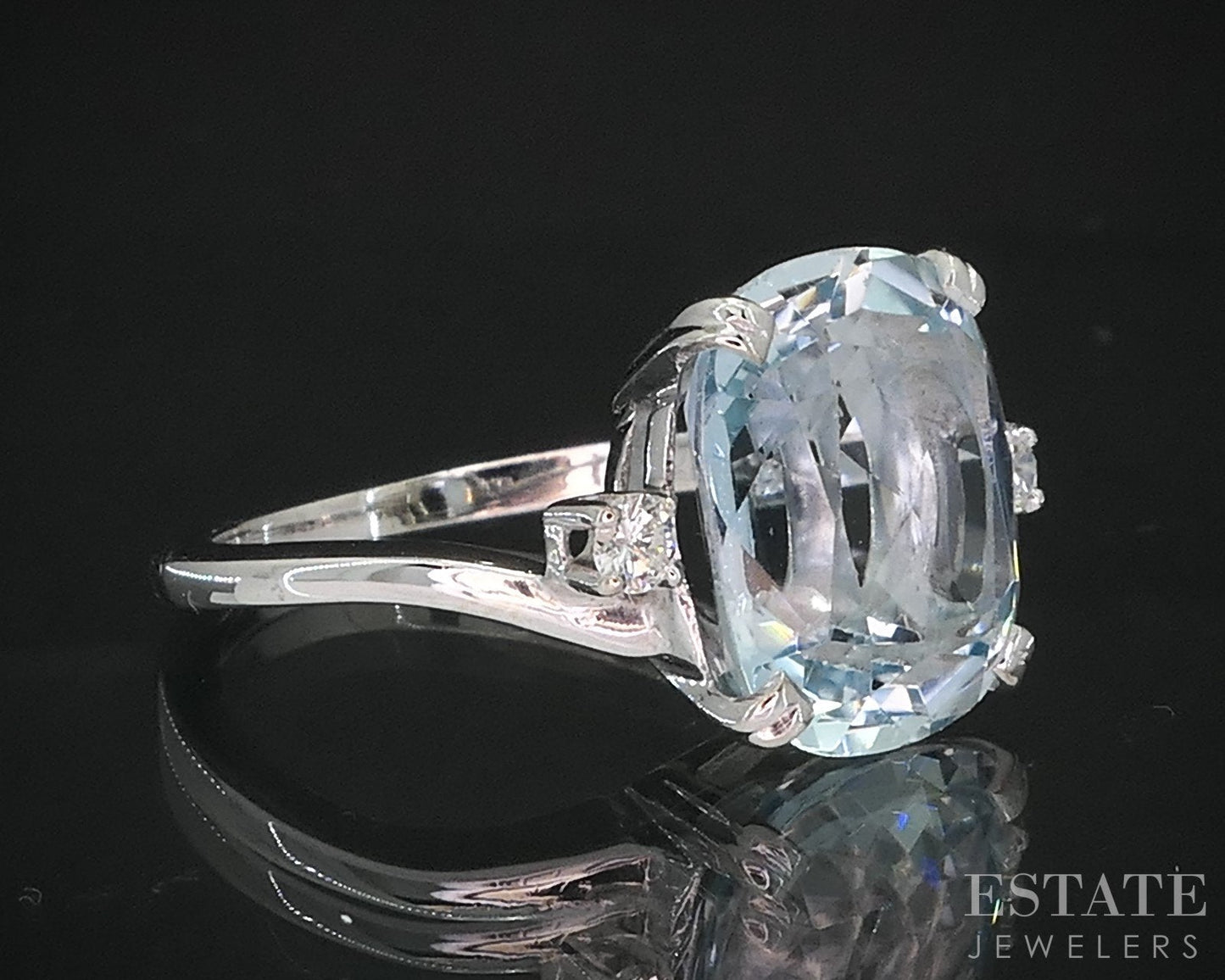 14k White Gold Cushion Natural 4.5ct Aquamarine & Diamond Ring 4g i19253