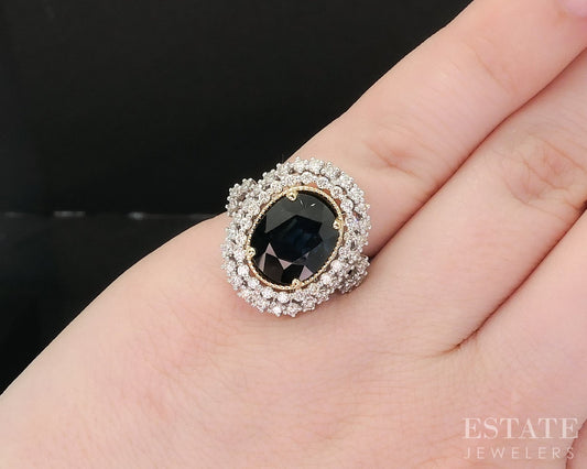 18k & Platinum Oval Natural 5ct Blue Sapphire & Diamond Halo Ring 9.4g i19294