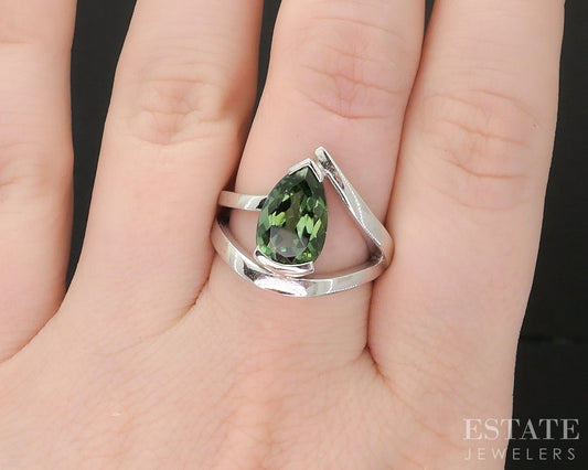 18k White Gold Pear Natural Green Tourmaline Ladies Bypass Ring 7.8g i19304