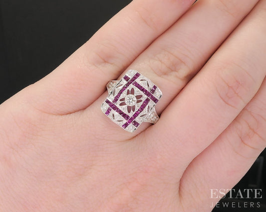 Art Deco 14k White Gold Natural Diamond & Ruby Filigree Cocktail Ring 3g i19298