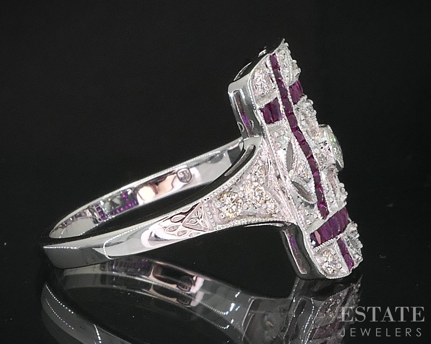 Art Deco 14k White Gold Natural Diamond & Ruby Filigree Cocktail Ring 3g i19298