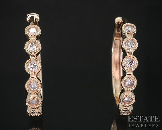 10k Rose Gold Round Natural .12ctw Diamond Hoop Huggie Earrings 1.9g i19295