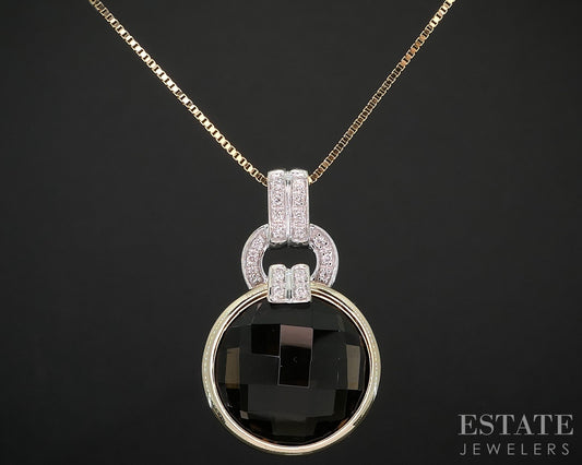 14k Two Tone Gold Round Natural Smoky Quartz & Diamond Necklace 6.3g i19281