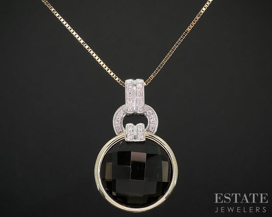 14k Two Tone Gold Round Natural Smoky Quartz & Diamond Necklace 6.3g i19281