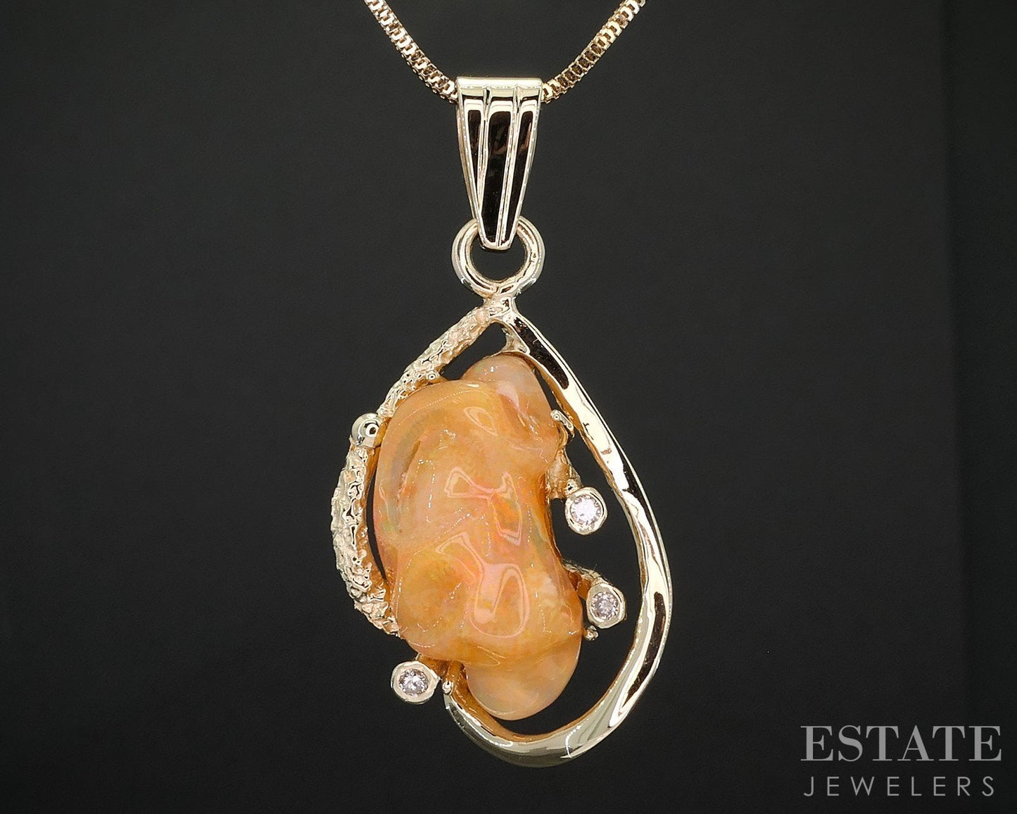 14k Yellow Gold Natural Fire Opal & Diamond Ladies Necklace 9.8g 18"L i19305