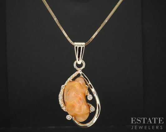 14k Yellow Gold Natural Fire Opal & Diamond Ladies Necklace 9.8g 18"L i19305