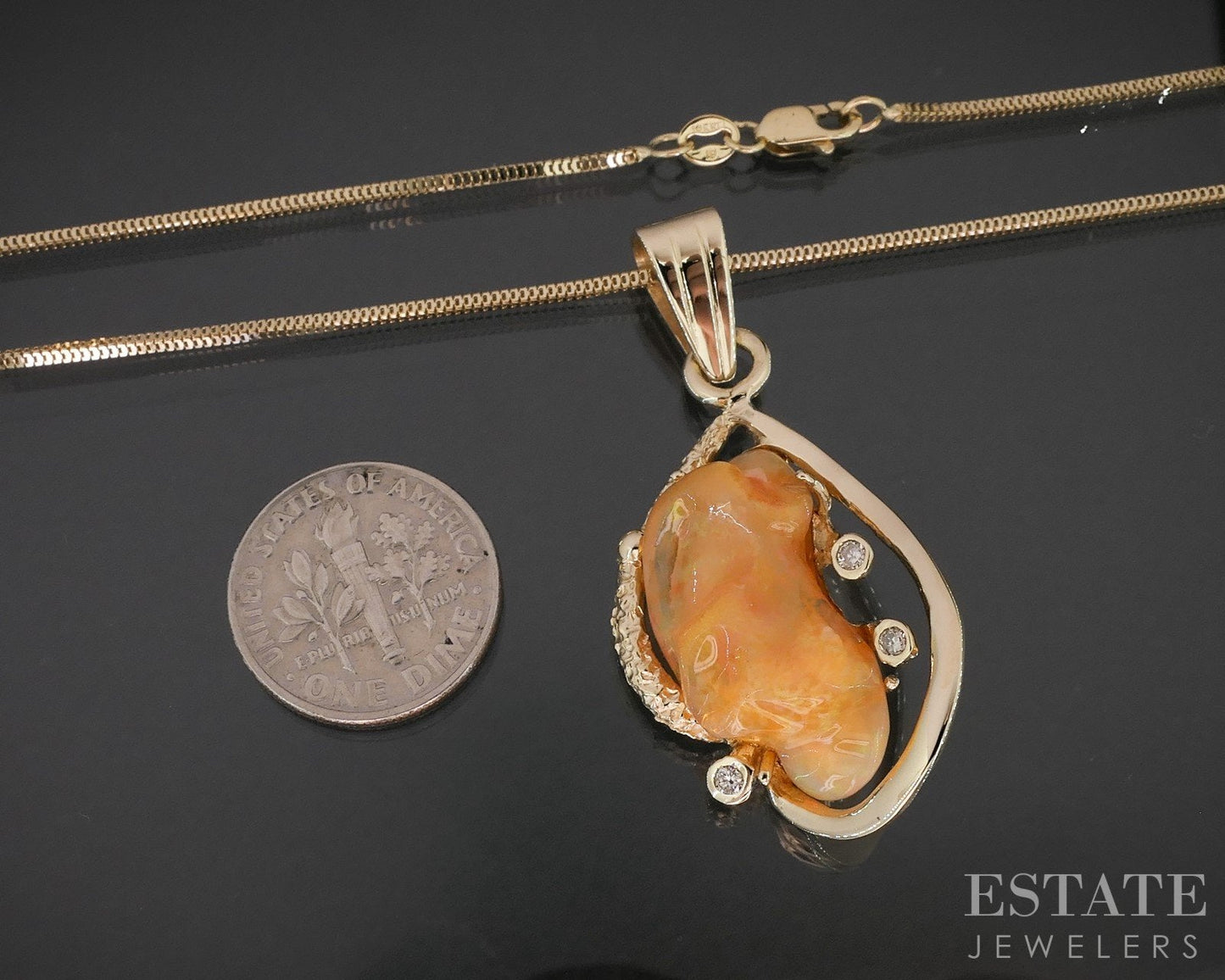 14k Yellow Gold Natural Fire Opal & Diamond Ladies Necklace 9.8g 18"L i19305