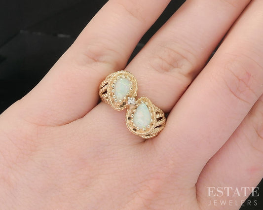 Vintage 14k Yellow Gold Natural Opal & Diamond Bypass Ladies Ring 5.1g i19321
