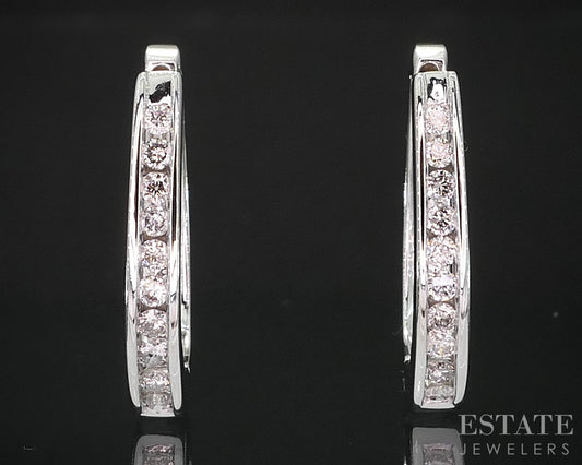 14k White Gold Natural .20ctw Diamond Hinged Hoop Earrings 4g i19310
