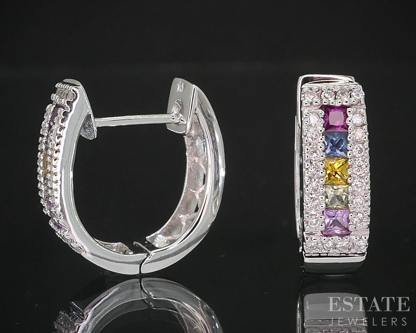 14k White Gold Rainbow Sapphire & Diamond Hinged Hoop Earrings 5.5g i19306