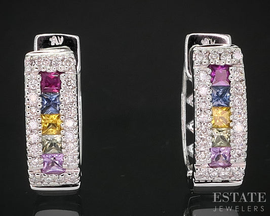 14k White Gold Rainbow Sapphire & Diamond Hinged Hoop Earrings 5.5g i19306