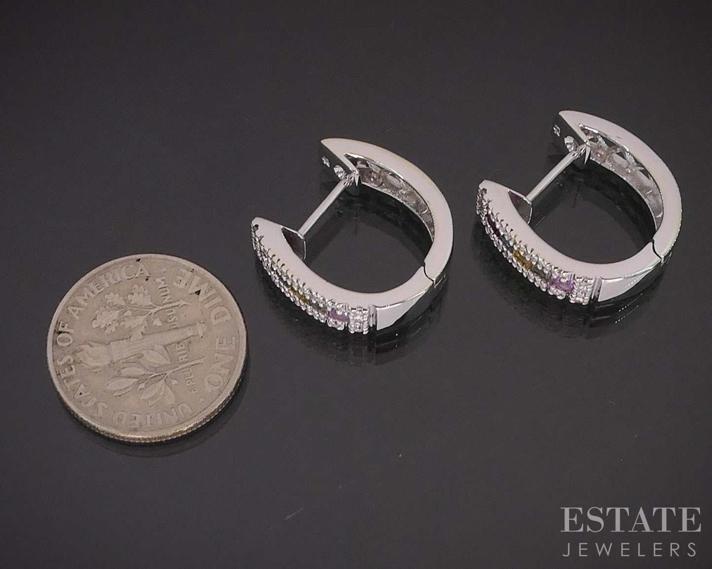 14k White Gold Rainbow Sapphire & Diamond Hinged Hoop Earrings 5.5g i19306