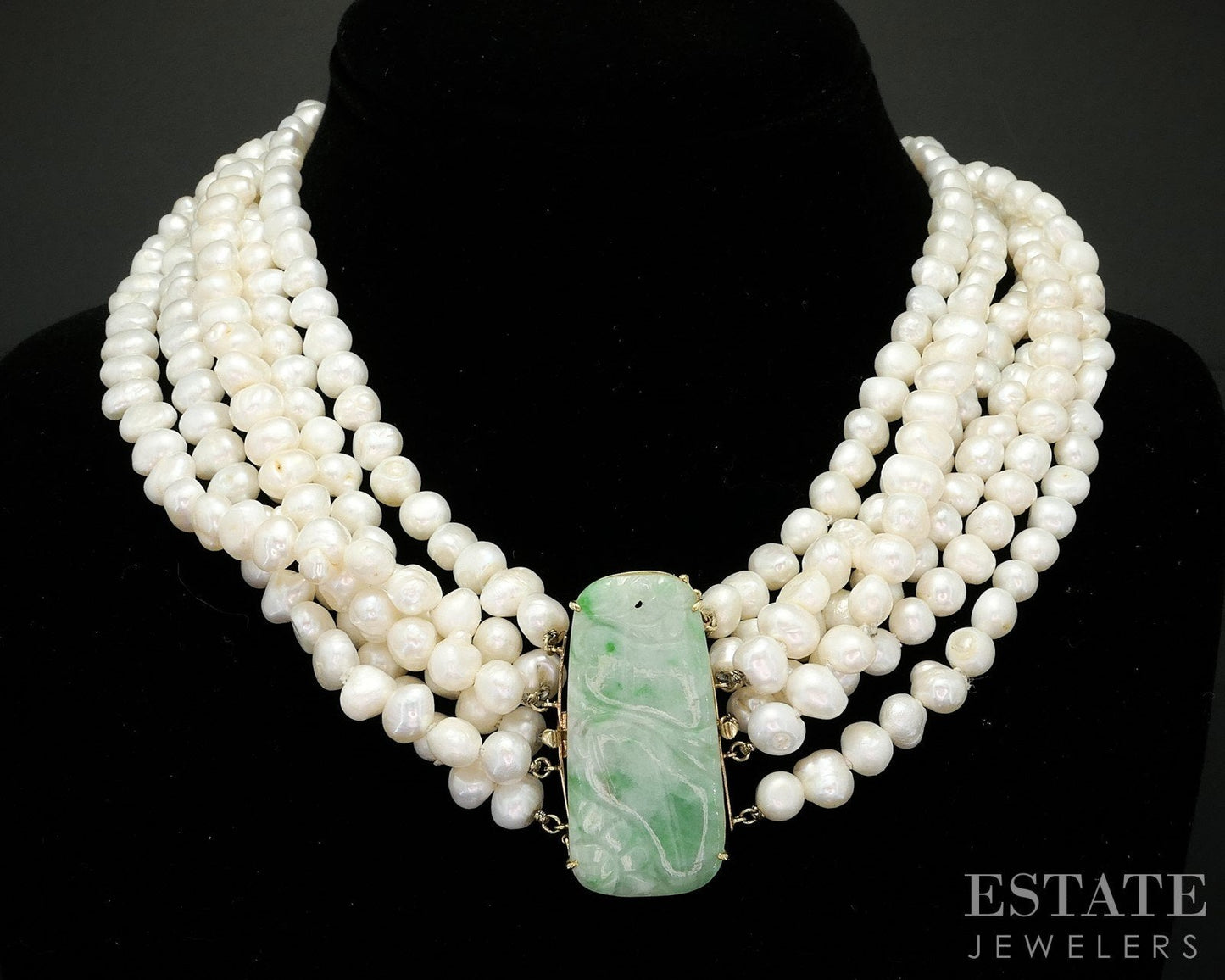 14k Yellow Gold Natural Jade Freshwater Pearl Multi Strand Necklace i19331