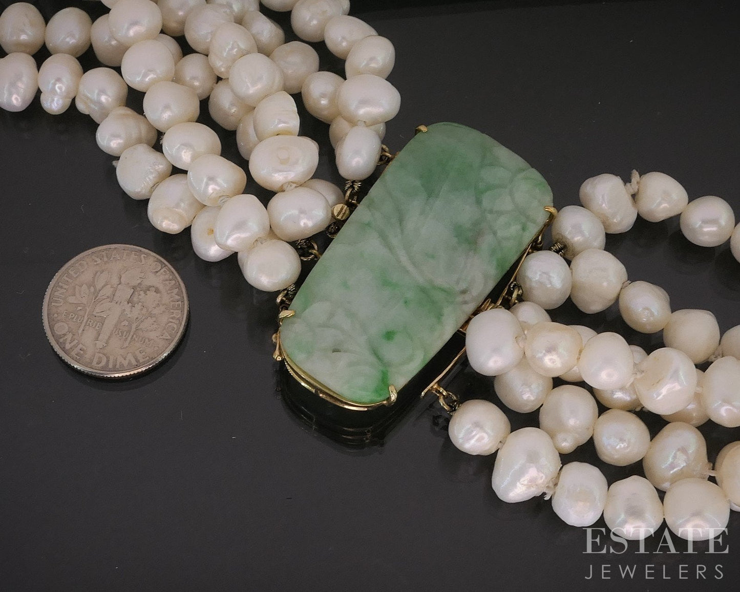 14k Yellow Gold Natural Jade Freshwater Pearl Multi Strand Necklace i19331