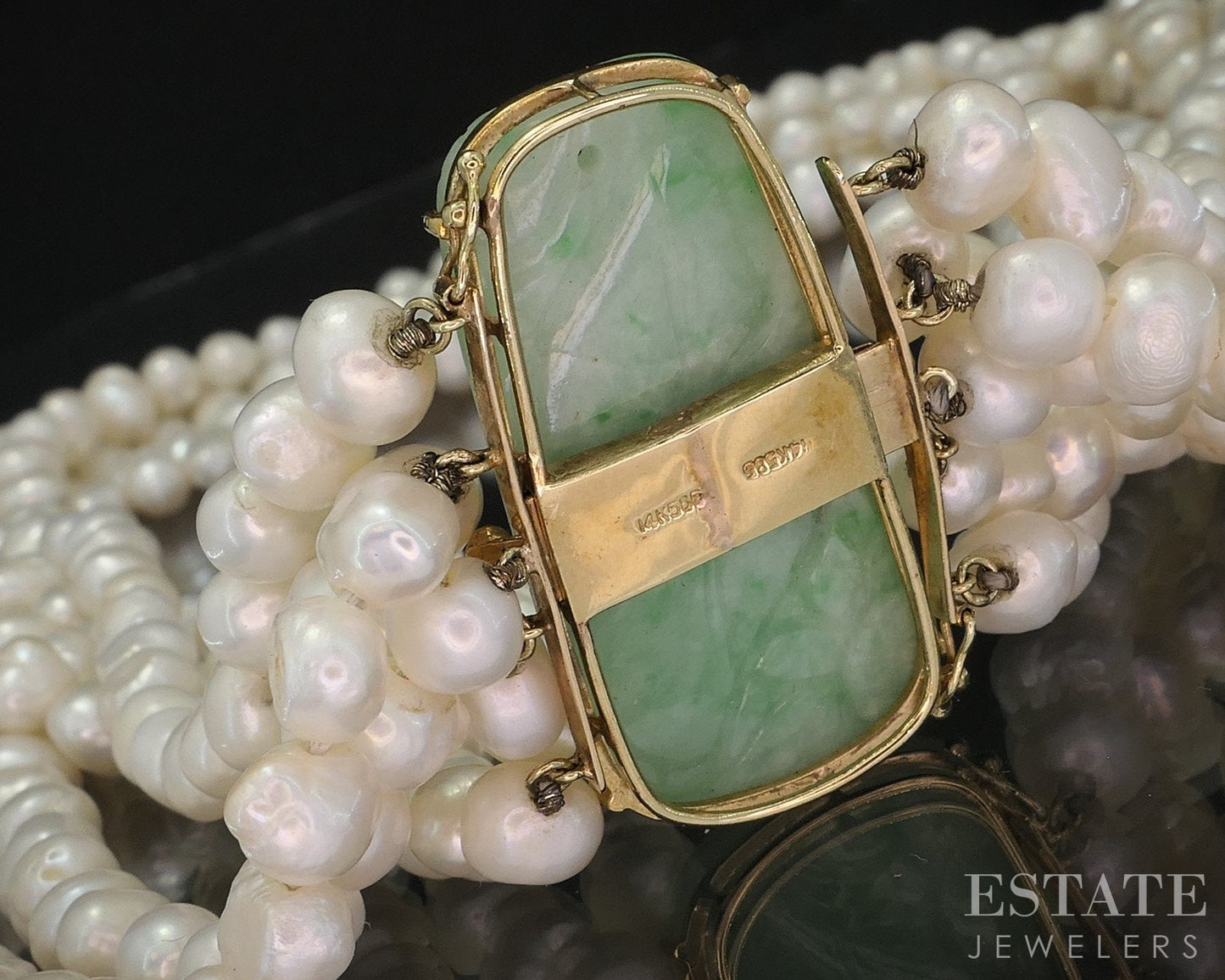 14k Yellow Gold Natural Jade Freshwater Pearl Multi Strand Necklace i19331
