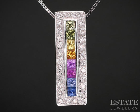 14k White Gold Rainbow Sapphire & Diamond Ladies Necklace 2.8g 18"L i19312