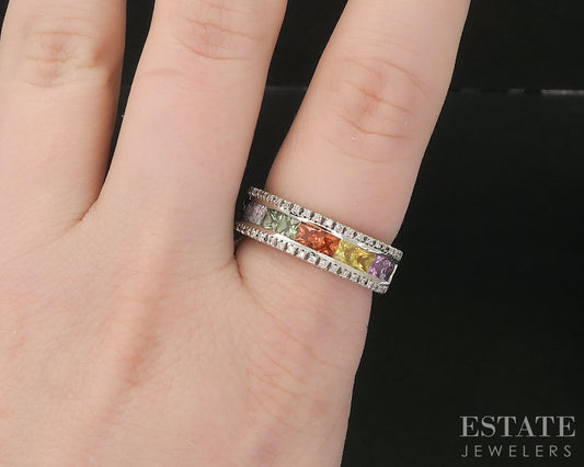 14k White Gold Rainbow Sapphire & Diamond Ladies Band Ring 6.8g i19329