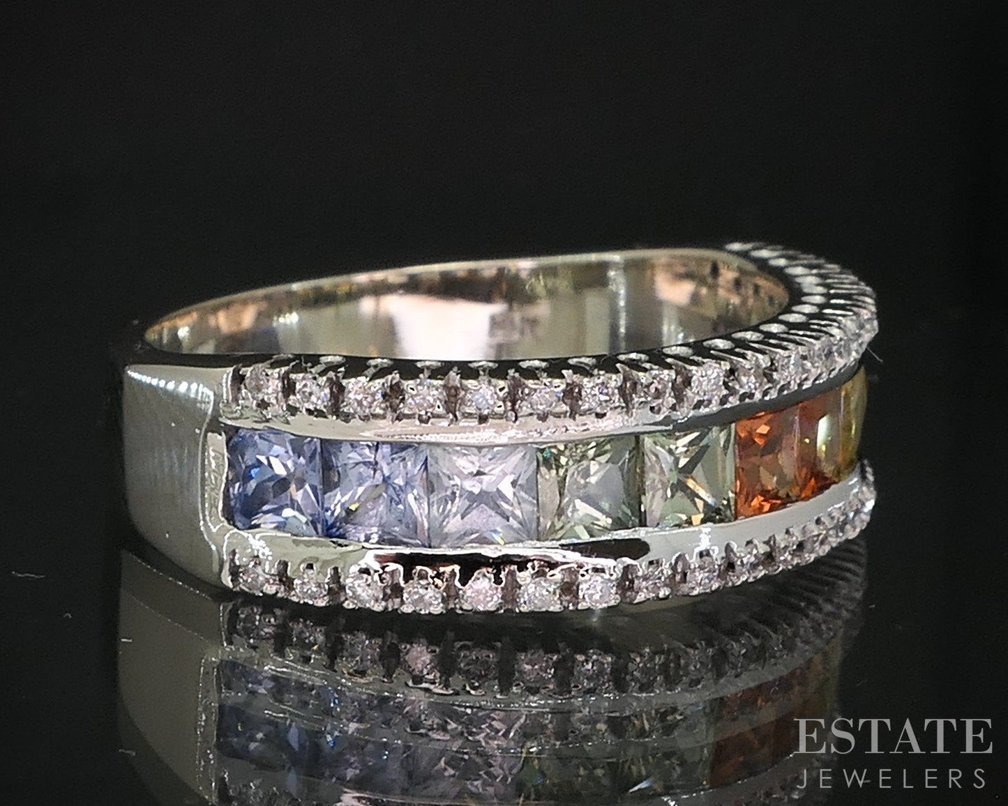 14k White Gold Rainbow Sapphire & Diamond Ladies Band Ring 6.8g i19329