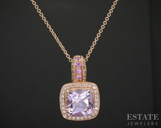 14k Strawberry Gold LeVian Natural Amethyst & Diamond Necklace 4.7g i19318