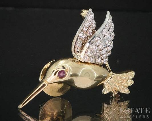 18k Yellow & White Gold Natural Ruby Diamond Hummingbird Pin Brooch 5.1g i19314
