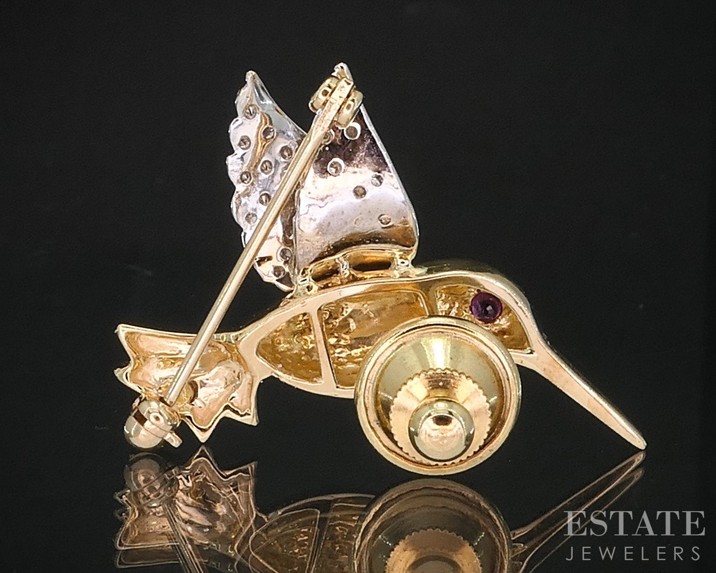 18k Yellow & White Gold Natural Ruby Diamond Hummingbird Pin Brooch 5.1g i19314