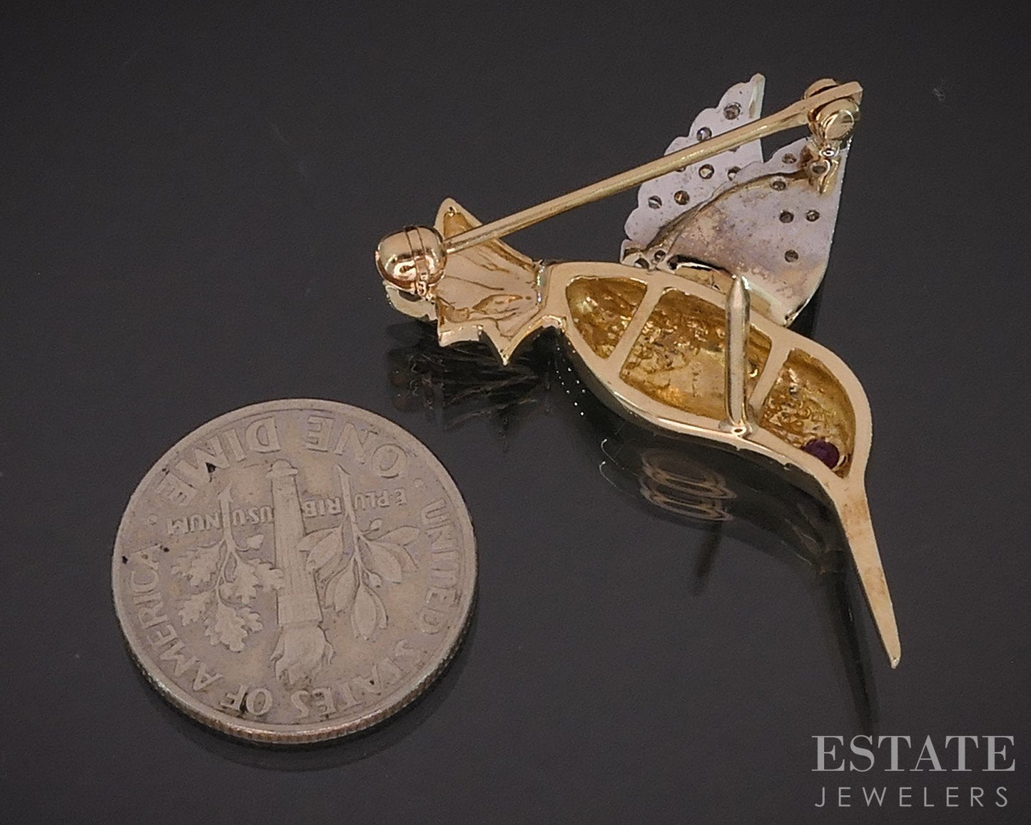 18k Yellow & White Gold Natural Ruby Diamond Hummingbird Pin Brooch 5.1g i19314