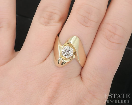 14k Yellow Gold Round Natural .70ct Diamond Ribbon Solitaire Ring 4.7g i19339