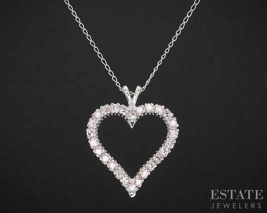 Vintage 14k White Gold Natural .35ctw Diamond Heart Necklace 2.7g 18"L i19340