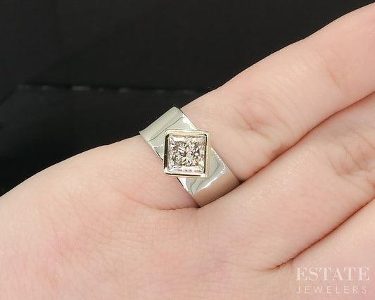 14k Two Tone Gold Princess Natural 1.24ct Diamond Solitaire Band Ring 7g i19344