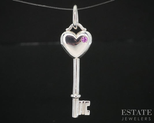 Sterling Tiffany & Co. Pink Sapphire Heart Skeleton Key Pendant 2.2g i19333